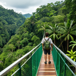 Ulu Temburong National Park: Lush jungle scene with a couple on a canopy walkway, enjoying the view. Focus on vibrant greenery and natural light.