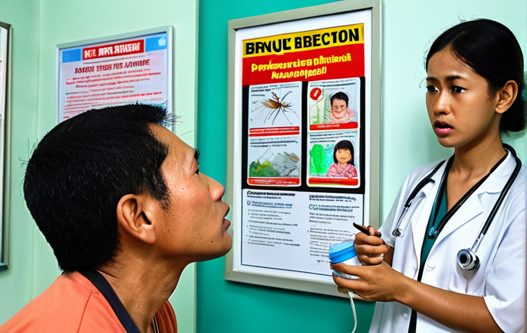 **
"A concerned doctor examining a child with a high fever in a Brunei clinic. The background shows posters about dengue fever prevention and mosquito breeding grounds. Emphasize the humid, tropical environment. Medical setting, worried expression, bright lighting."
**