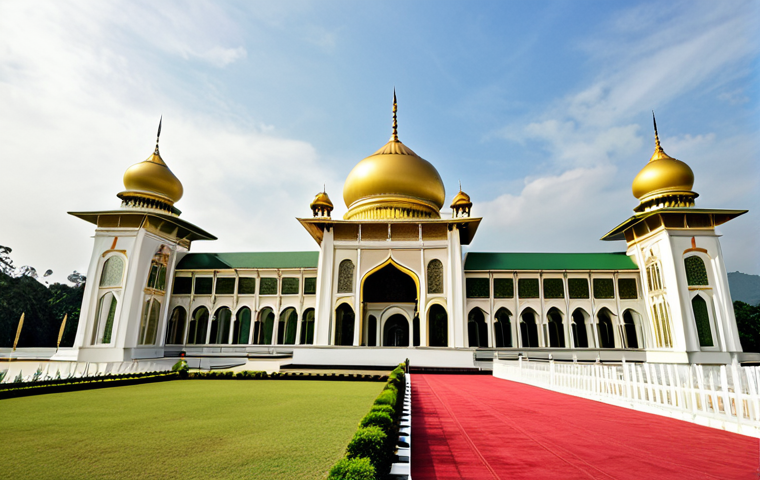 **Image Prompt:** "A grand view of Istana Nurul Iman, the Sultan's palace, showcasing its opulent architecture, with subtle Islamic design elements visible. Capture the essence of royal Brunei."