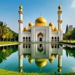 **

A grand mosque with golden domes reflecting in a serene artificial lake, surrounded by lush green gardens. Focus on Sultan Omar Ali Saifuddien Mosque, highlighting its architectural beauty and Islamic art.

**