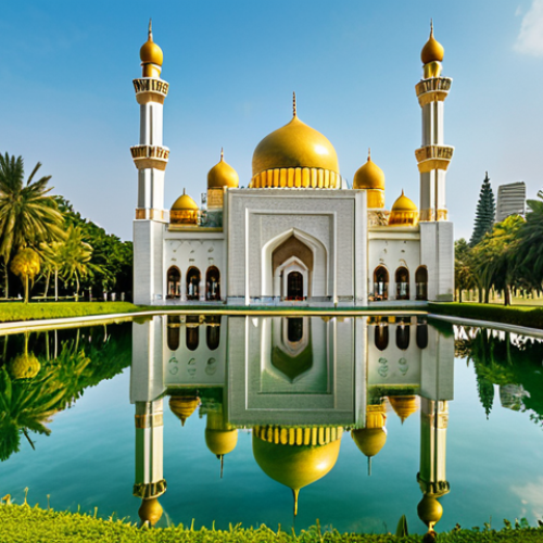 Home 8 **
A grand mosque with golden domes reflecting in a serene artificial lake, surrounded by lush green gardens. Focus on Sultan Omar Ali Saifuddien Mosque, highlighting its architectural beauty and Islamic art.
**