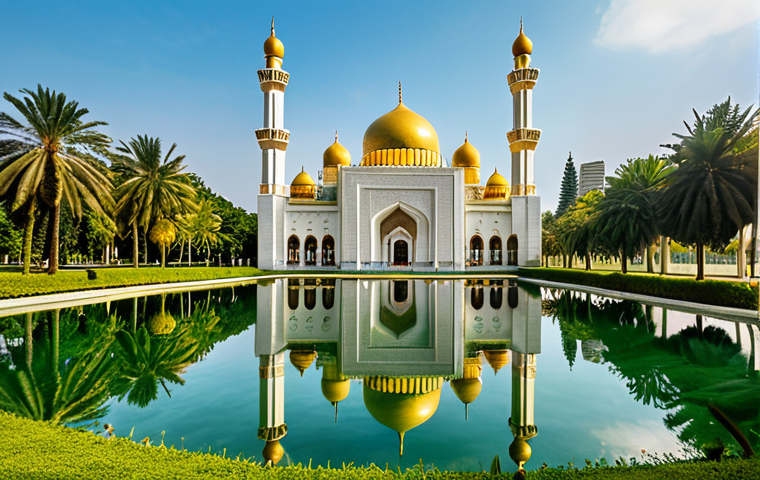 **
A grand mosque with golden domes reflecting in a serene artificial lake, surrounded by lush green gardens. Focus on Sultan Omar Ali Saifuddien Mosque, highlighting its architectural beauty and Islamic art.
**