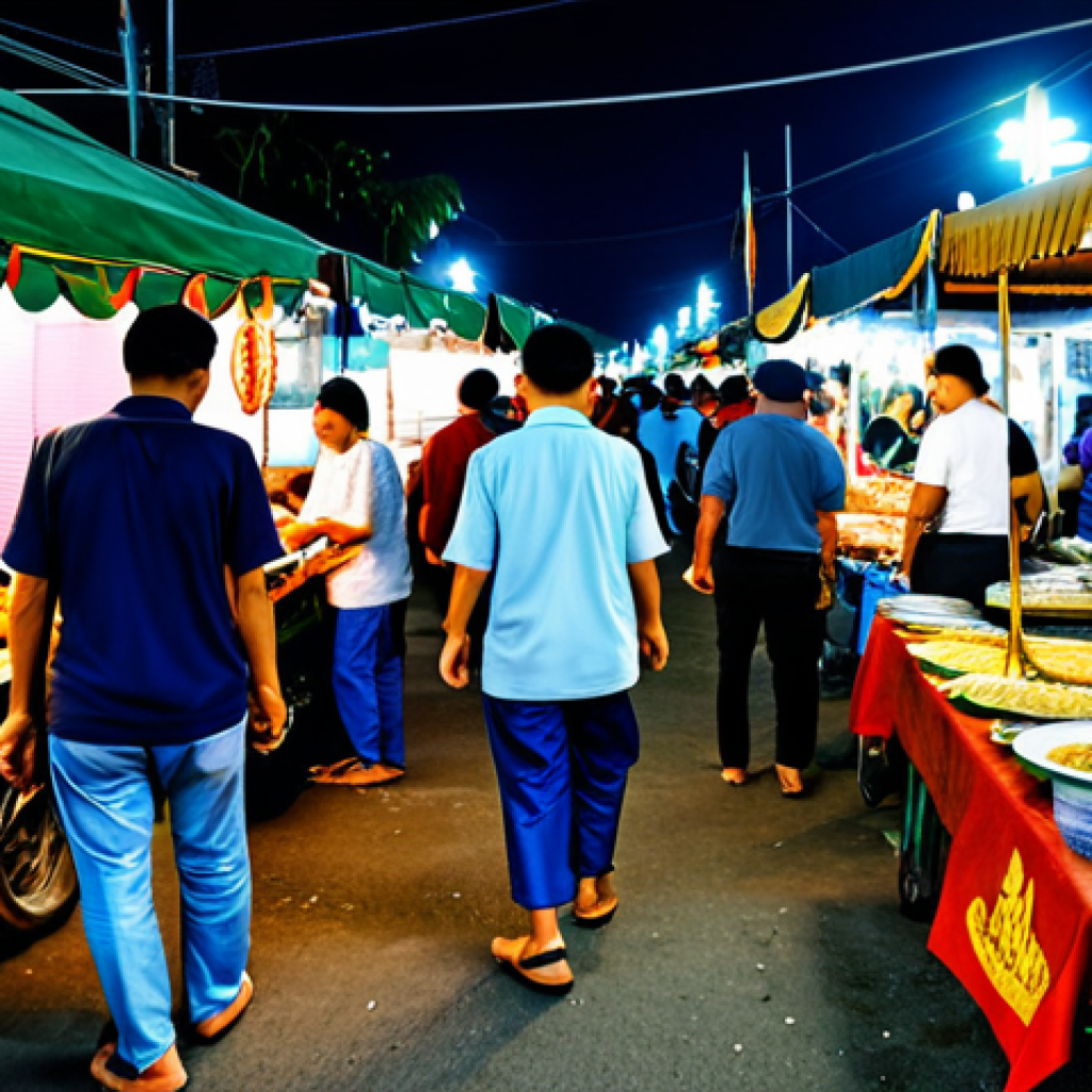 **
"A bustling scene at Gadong Night Market in Brunei. Vendors are selling local delicacies like ambuyat and nasi katok, along with handmade crafts and textiles. People are browsing and bargaining. Appropriate attire, fully clothed, safe for work, perfect anatomy, natural proportions, professional photography, high quality, family-friendly atmosphere, modest clothing."
**