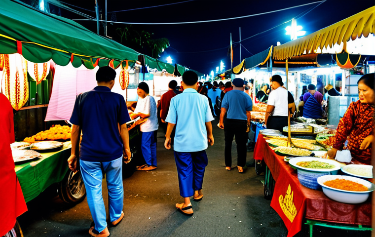 **
"A bustling scene at Gadong Night Market in Brunei. Vendors are selling local delicacies like ambuyat and nasi katok, along with handmade crafts and textiles. People are browsing and bargaining. Appropriate attire, fully clothed, safe for work, perfect anatomy, natural proportions, professional photography, high quality, family-friendly atmosphere, modest clothing."
**
