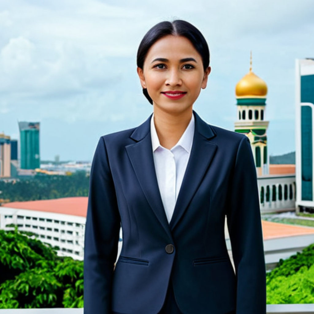**

A professional businesswoman in a modest, tailored suit, standing confidently in front of the Brunei skyline. The background features modern architecture and lush greenery.  She is fully clothed in appropriate attire. Safe for work, perfect anatomy, natural proportions, professional photography, high quality, modest.

**