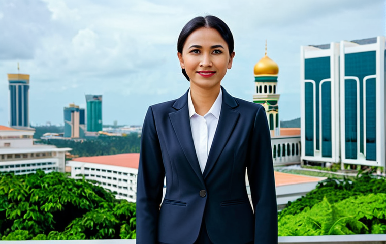 **
A professional businesswoman in a modest, tailored suit, standing confidently in front of the Brunei skyline. The background features modern architecture and lush greenery. She is fully clothed in appropriate attire. Safe for work, perfect anatomy, natural proportions, professional photography, high quality, modest.
**
