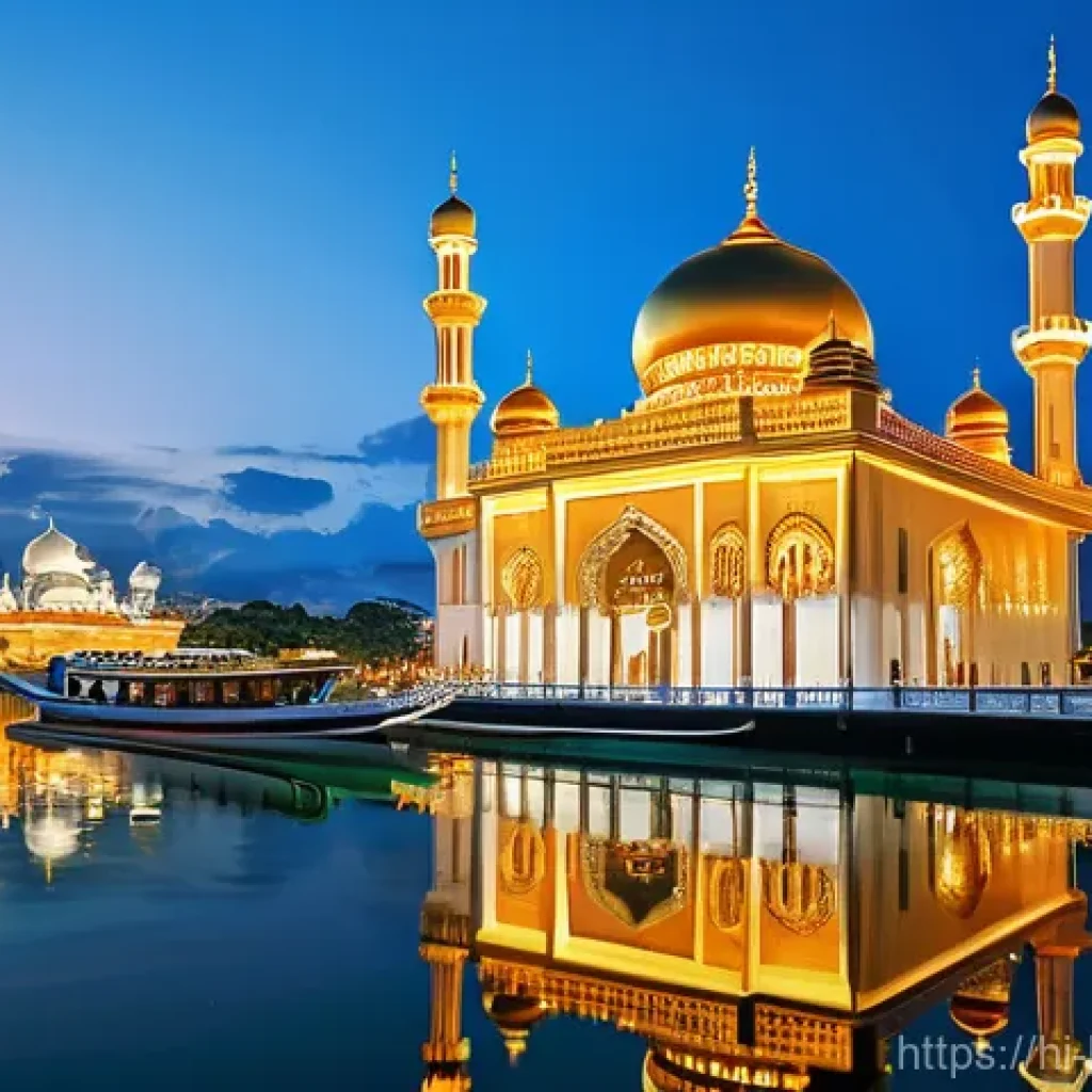 브루나이 사진 찍기 좋은 곳 - **A Majestic Night at Sultan Omar Ali Saifuddien Mosque**
"A breathtaking, high-angle, cinematic...