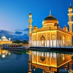 브루나이 사진 찍기 좋은 곳 - **A Majestic Night at Sultan Omar Ali Saifuddien Mosque**
    "A breathtaking, high-angle, cinematic...