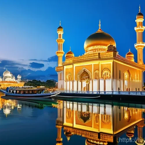 Home 15 브루나이 사진 찍기 좋은 곳 - **A Majestic Night at Sultan Omar Ali Saifuddien Mosque**
"A breathtaking, high-angle, cinematic...