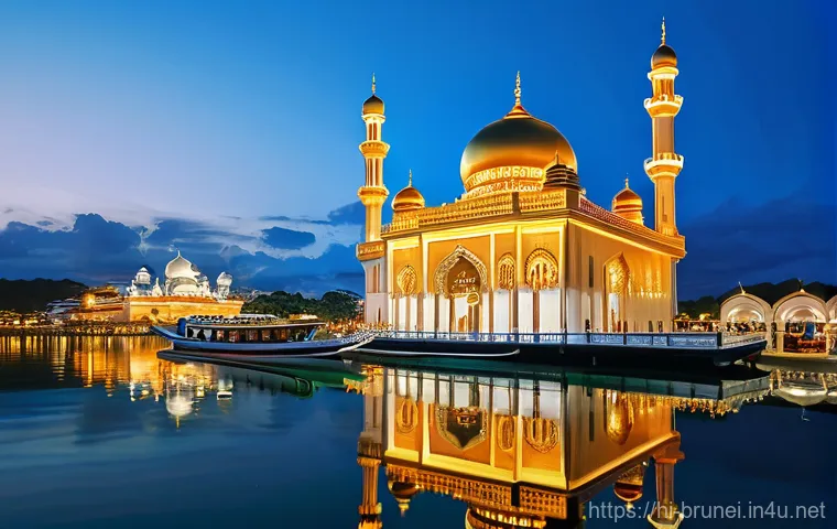 브루나이 사진 찍기 좋은 곳 - **A Majestic Night at Sultan Omar Ali Saifuddien Mosque**
"A breathtaking, high-angle, cinematic...