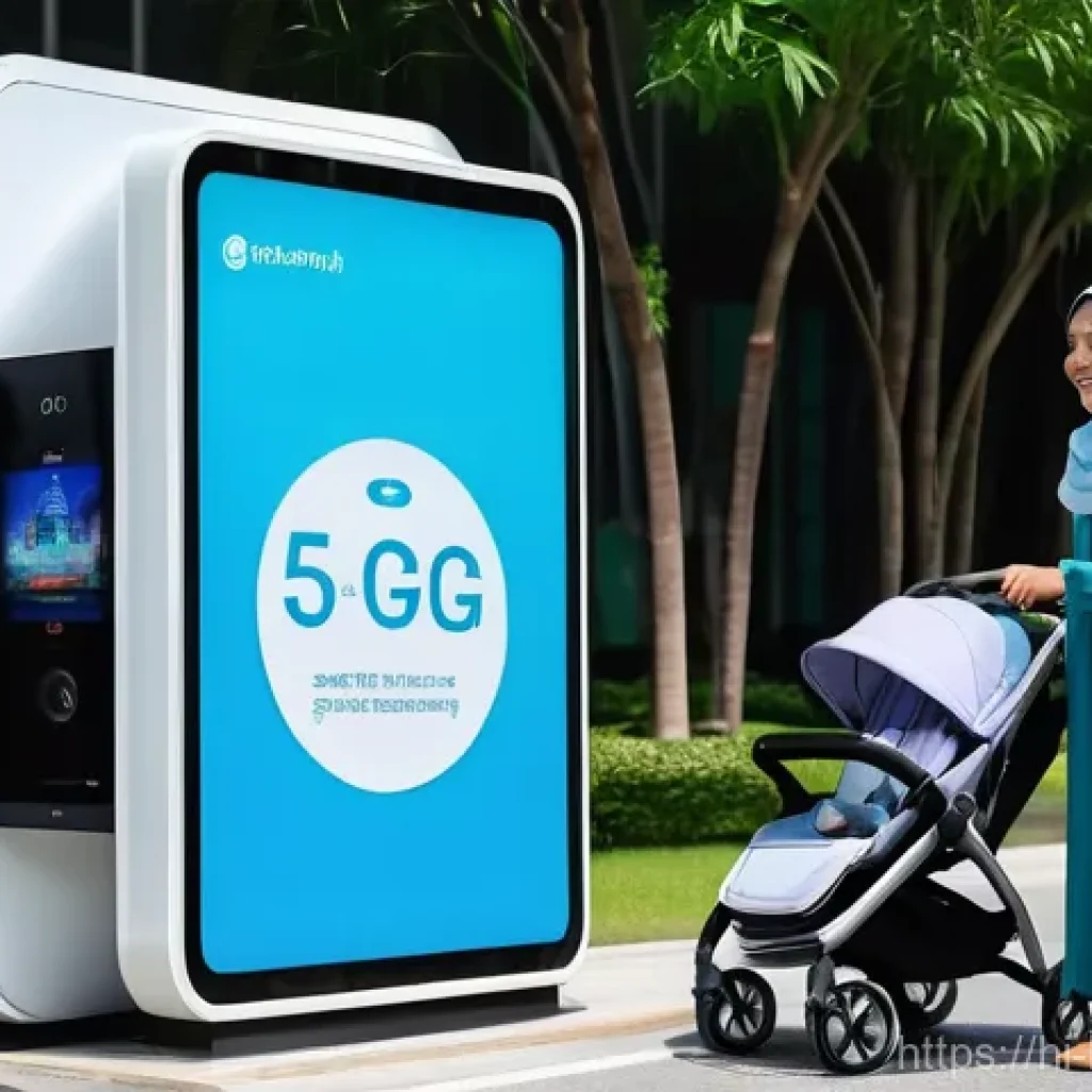 브루나이 디지털 경제 - **Prompt:** A vibrant, futuristic street scene in Brunei, showcasing diverse Bruneian people (adults...