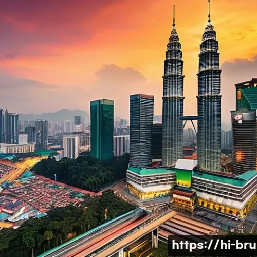 브루나이와 말레이시아 비교 - A vibrant cityscape of Kuala Lumpur, Malaysia at dusk, showcasing the iconic Petronas Twin Towers il...