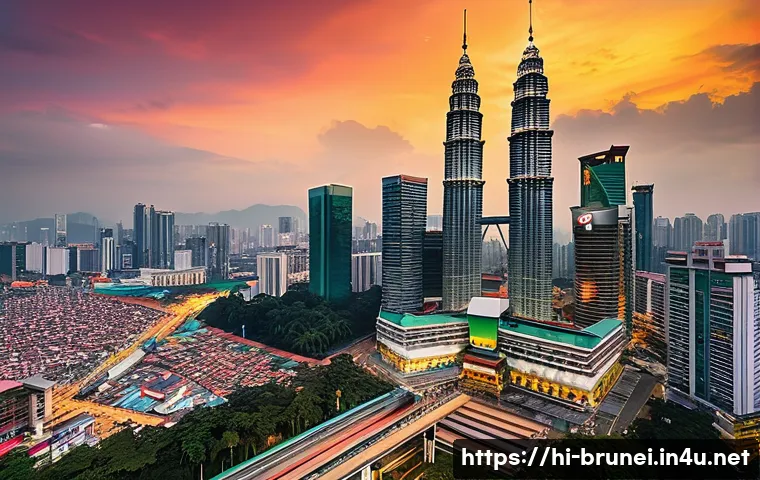 브루나이와 말레이시아 비교 - A vibrant cityscape of Kuala Lumpur, Malaysia at dusk, showcasing the iconic Petronas Twin Towers il...