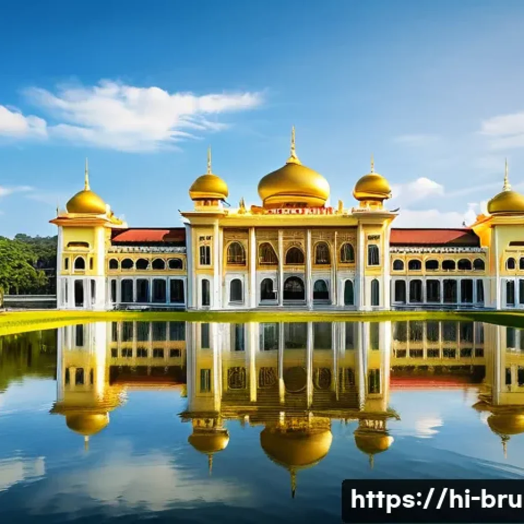 브루나이 왕궁 이스타나 누룰 이만 - A majestic palace with vast golden roofs shining brilliantly under the warm sunlight, reflecting the...