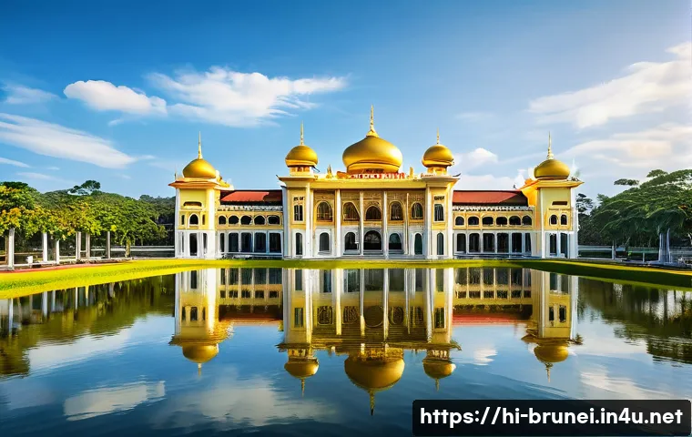 브루나이 왕궁  이스타나 누룰 이만 - A majestic palace with vast golden roofs shining brilliantly under the warm sunlight, reflecting the...