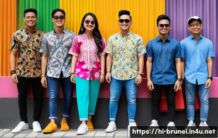 브루나이의 젊은 세대 트렌드 - A vibrant street scene in Brunei showcasing young people blending traditional Malay fashion with mod...
