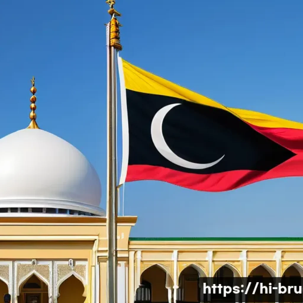 브루나이 국기 의미 - A highly detailed illustration of the Brunei national flag waving majestically in the sunlight, show...