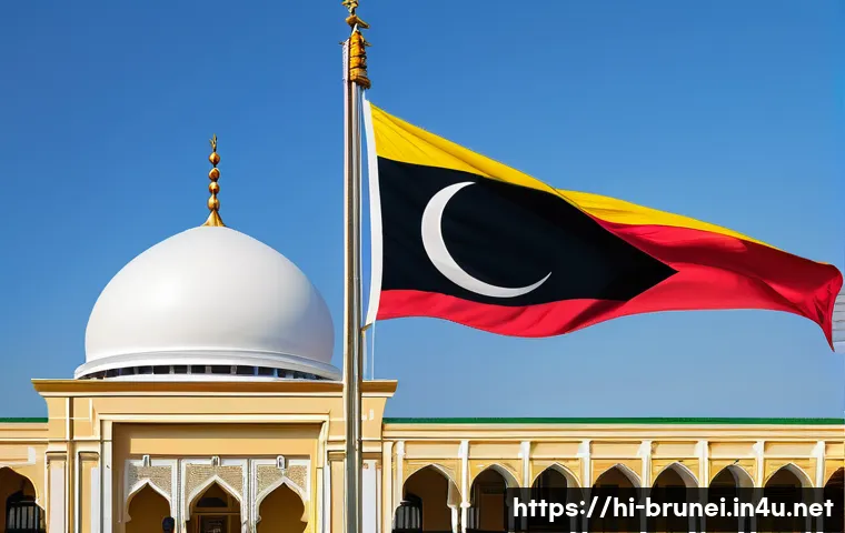 브루나이 국기 의미 - A highly detailed illustration of the Brunei national flag waving majestically in the sunlight, show...