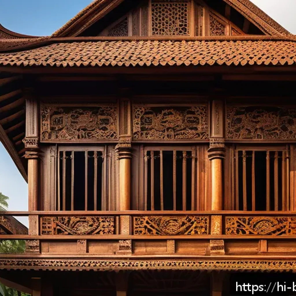 브루나이의 전통 건축물 - A traditional Bruneian wooden house intricately carved with floral and animal motifs, showcasing ric...