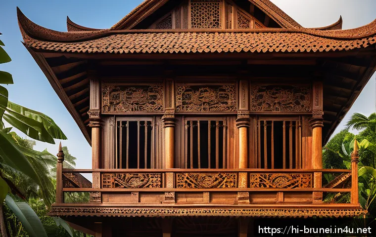 브루나이의 전통 건축물 - A traditional Bruneian wooden house intricately carved with floral and animal motifs, showcasing ric...