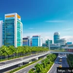 브루나이의 기술 혁신 - A vibrant digital smart city scene in Brunei featuring modern IoT-based infrastructure: smart traffi...
