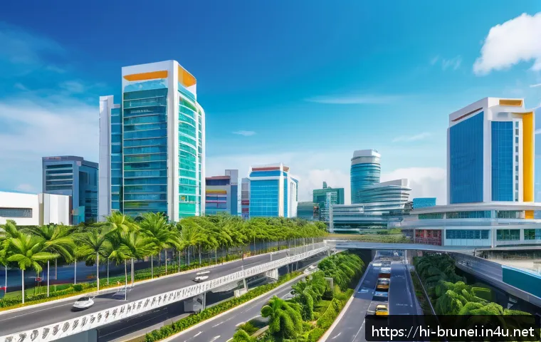 브루나이의 기술 혁신 - A vibrant digital smart city scene in Brunei featuring modern IoT-based infrastructure: smart traffi...