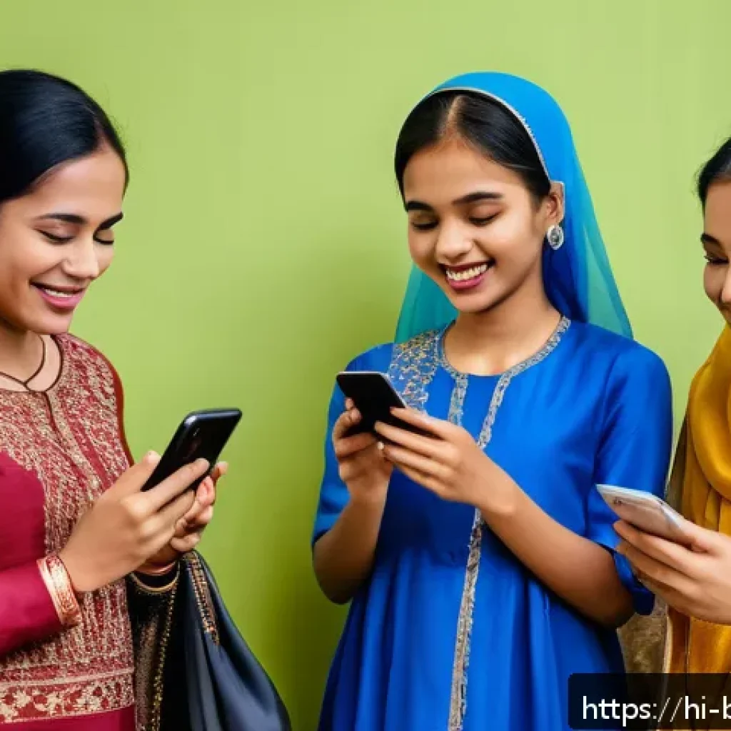 브루나이 스마트폰 보급률 - A vibrant scene of young Hindi-speaking people in Brunei using smartphones to connect with family an...
