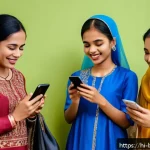 브루나이 스마트폰 보급률 - A vibrant scene of young Hindi-speaking people in Brunei using smartphones to connect with family an...
