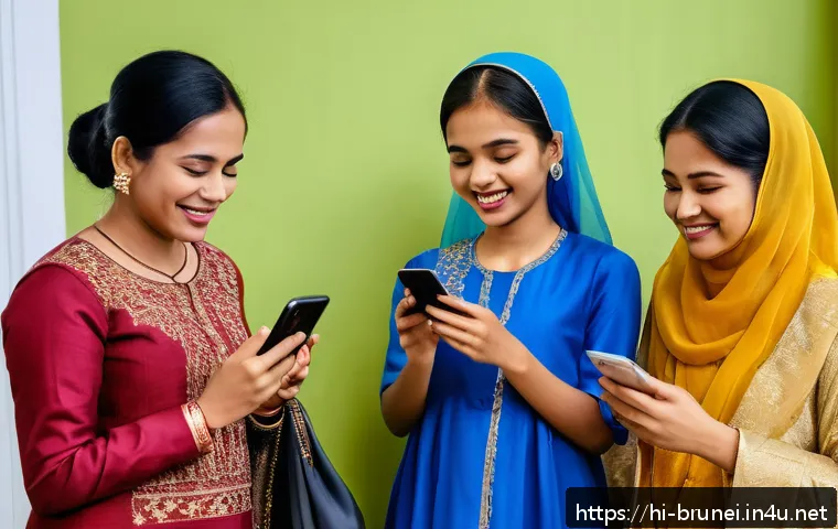 브루나이 스마트폰 보급률 - A vibrant scene of young Hindi-speaking people in Brunei using smartphones to connect with family an...