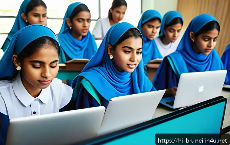 브루나이 여성의 사회적 역할 - A vibrant classroom scene in Brunei showing diverse young women actively participating in a digital ...