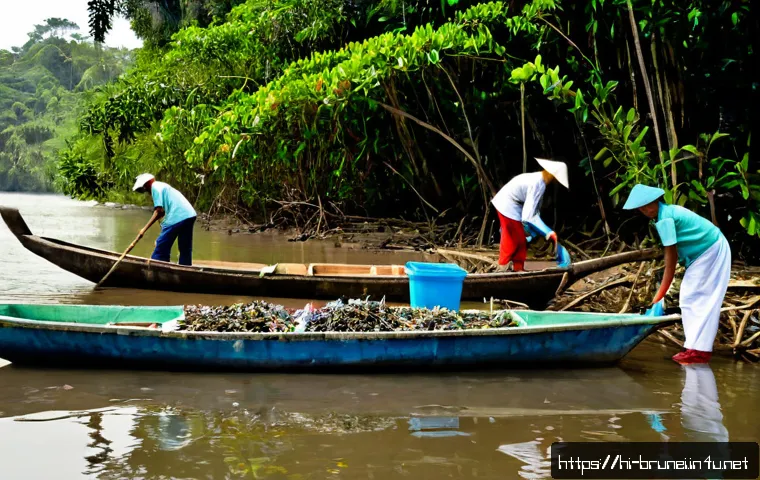 Home 17 브루나이의 하천 보전 - Photorealistic wide view of Brunei river conservation, local community volunteers in modest outdoor ...