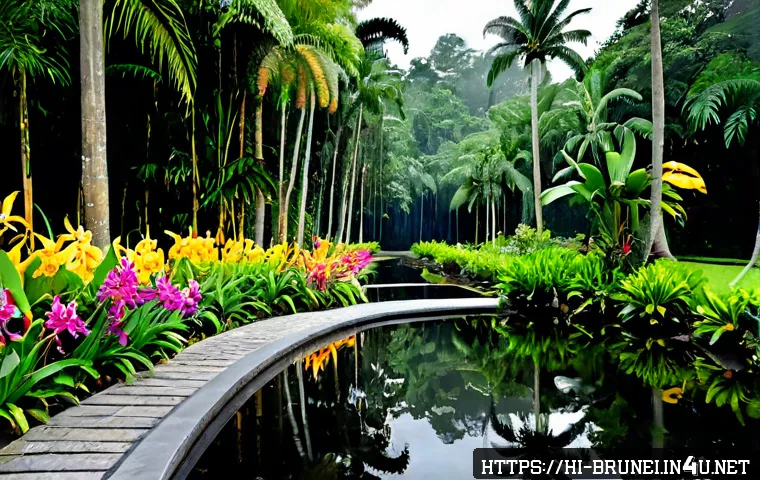 브루나이 식물원 추천 - Photorealistic wide-angle view of a lush Brunei botanical garden, winding stone pathway through towe...
