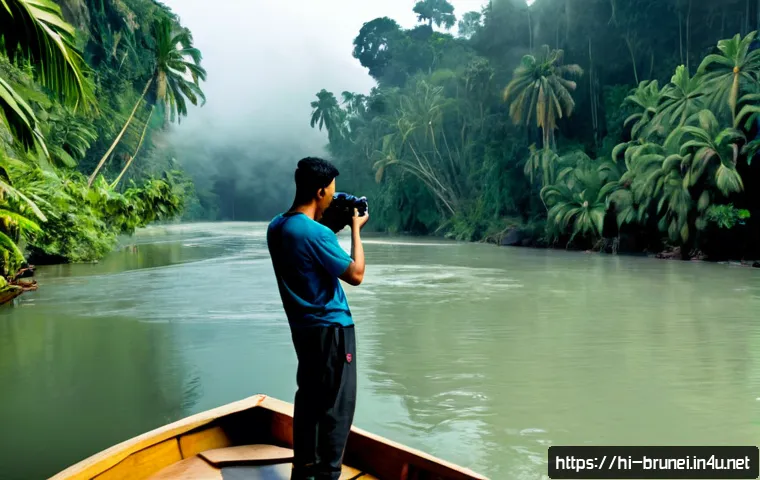 Home 17 브루나이에서 촬영한 영화 - Photorealistic cinematic film set beside a tranquil Brunei rainforest river, a professional camera c...