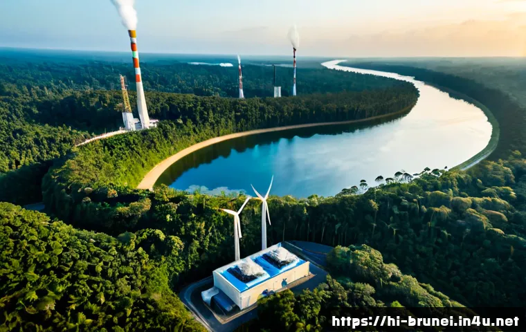 브루나이의 전기 및 에너지 공급 - Photorealistic wide-angle view of a modern natural-gas power station supplying electricity in tropic...