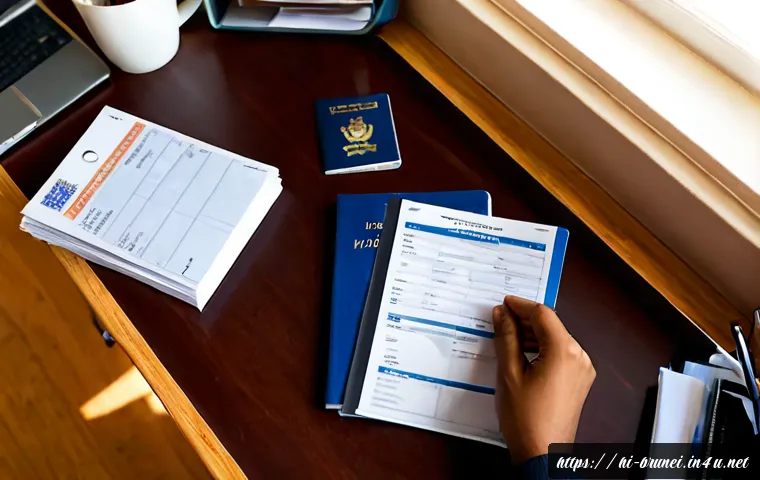 브루나이의 비자 신청 절차 - Photorealistic Indian traveler in a neat home office carefully organizing a passport, blank visa app...